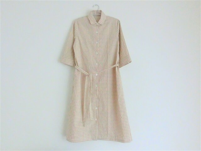 チェック柄 七分袖ワンピース beigeの画像1枚目
