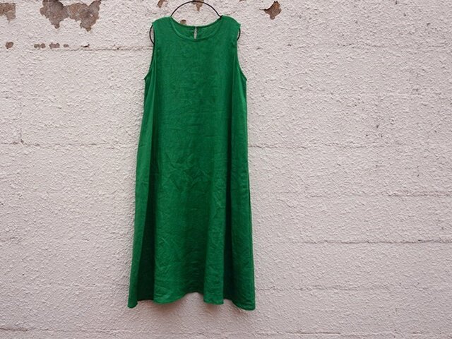 Aライン・ノースリーブlongワンピース(green) Mサイズ (ポケット両側)の画像1枚目