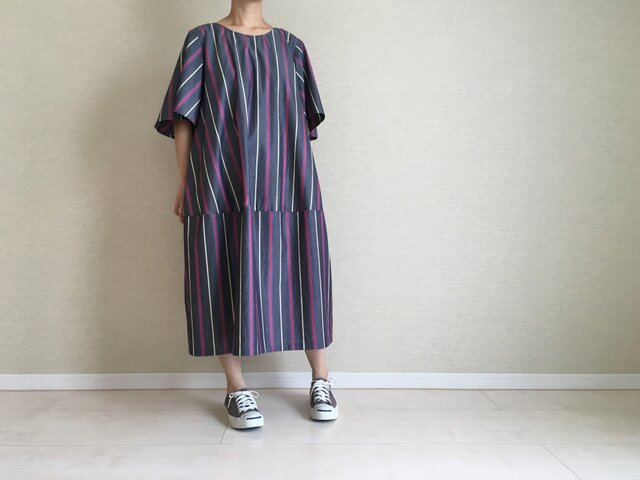 綿ストライプの半袖ゆるワンピ003(グレー)の画像1枚目