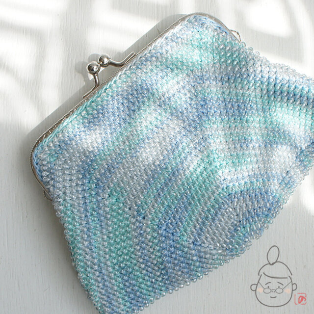 ばあば作☆☆さらに大きめ☆ガラスビーズのスクエアがま口　(seablue・1233)