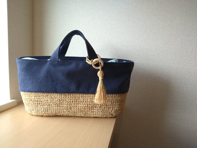 ☆『夏の福袋セット』☆ マダガスカル産ラフィアとヴィンテージ帆布のピクニックトート( navy blue )の画像1枚目