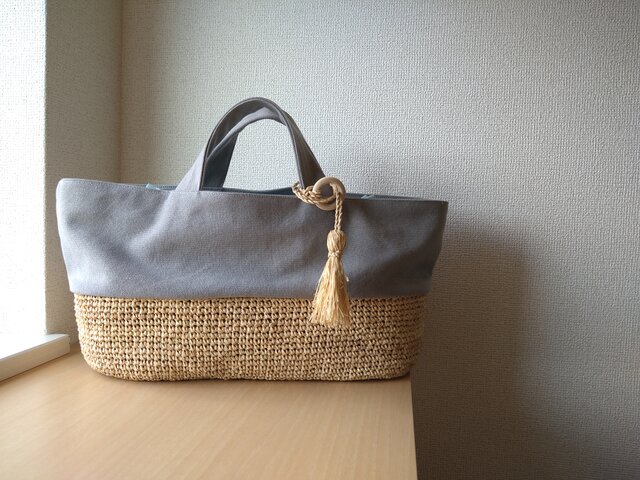 ☆『夏の福袋セット』☆ マダガスカル産ラフィアとヴィンテージ帆布のピクニックトート( gray )の画像1枚目