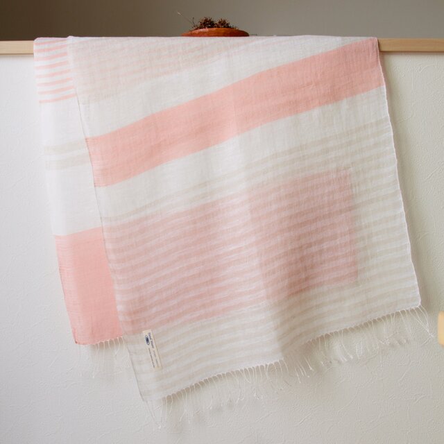 手織り・草木染め リネン大判ストール　ボーダー・ピンク