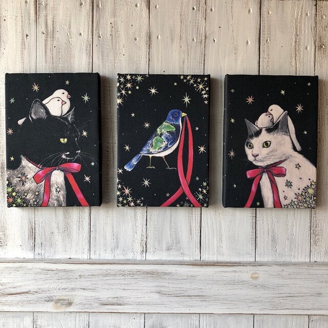 星月猫☆アート「タキ リボン先に」猫 猫絵画 SM 複製画 木製パネル