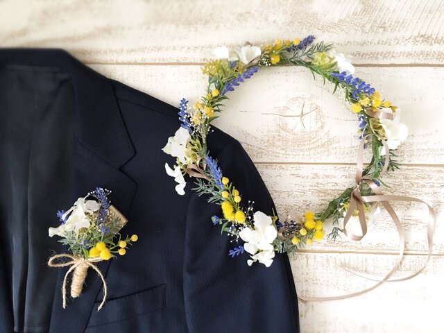 ラベンダーとミモザの花冠&ブートニア2点セットの画像1枚目