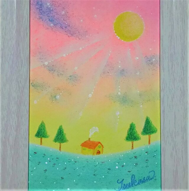 パステル画（原画）夕暮れの月星。 誠実 - 絵画