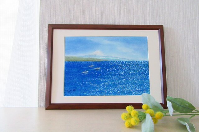 青い風景(送料無料 パステル画/額入り)の画像1枚目