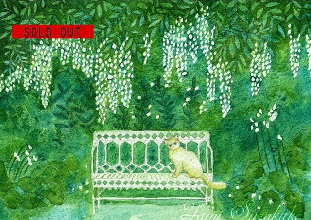 水彩・原画「庭の白猫と白いベンチ」 | iichi 日々の暮らしを心地よく