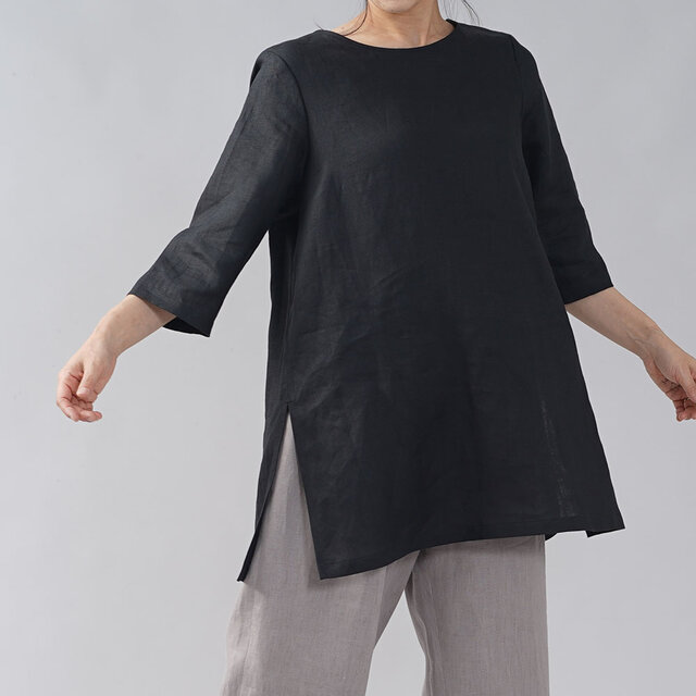 【wafu入門編】数量限定 薄地 リネンブラウス リネントップス ロング丈 7分袖 丸首/ブラック t014b-bck1の画像1枚目