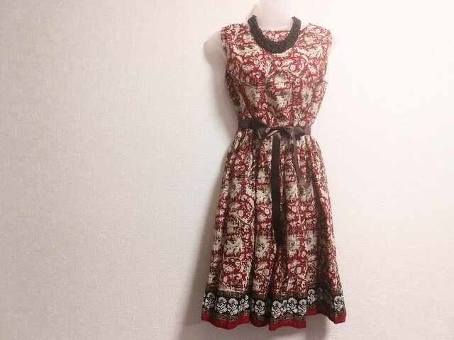 ★7月中4800円★一点物★インド更紗風プリント★赤系★コットン100%★の画像1枚目