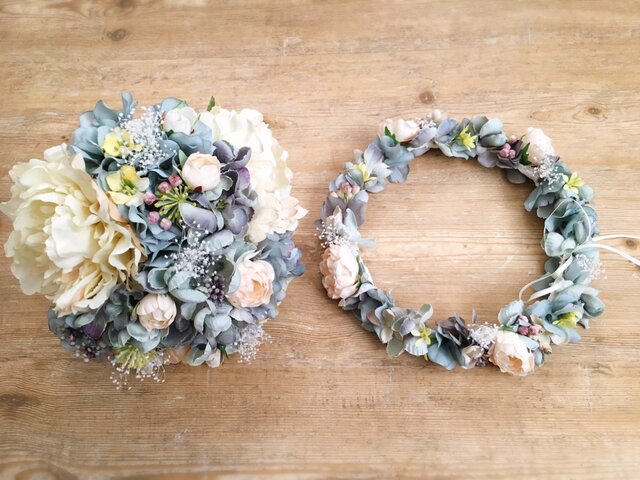 ブルーグレーのシックな花冠&ブーケ2点セットの画像1枚目