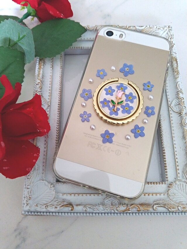 iPhoneケース Android スマホケース スマホリング 付き 忘れな草とチューリップの画像1枚目