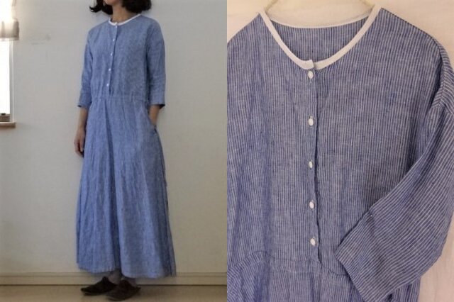 【受注制作】ストライプリネン 細身マキシOPの画像1枚目