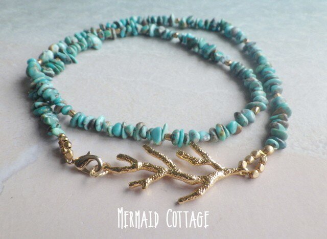 2WAY☆Big Coral Reef Turquoise Necklace& Braceletの画像1枚目