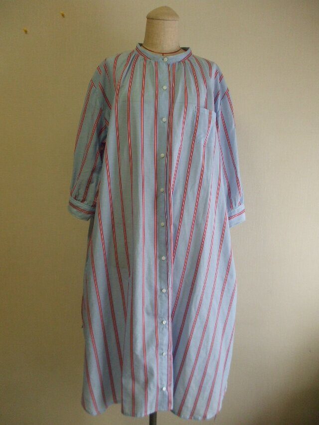 セール品 ブリティッシュストライプ柄 ベルト付きオーバーサイズスタンドカラーシャツワンピース 着丈115ｃｍ ｍ Llサイズ Iichi ハンドメイド クラフト作品 手仕事品の通販