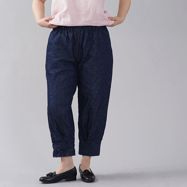 【wafu】厚地 リネンデニムパンツ 男女兼用 育てていくデニム 色落ちします 裾タックパンツ/インディゴ b013h-ind3の画像1枚目