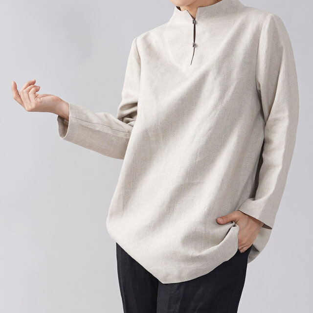 【wafu】中厚 リネン ボトルネックブラウス シノワズリ リネンブラウス / 亜麻ナチュラル t007a-amn2の画像1枚目