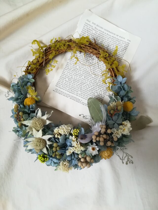 青い小鳥とブルーグリーンのwreath(リース プリザーブドフラワー