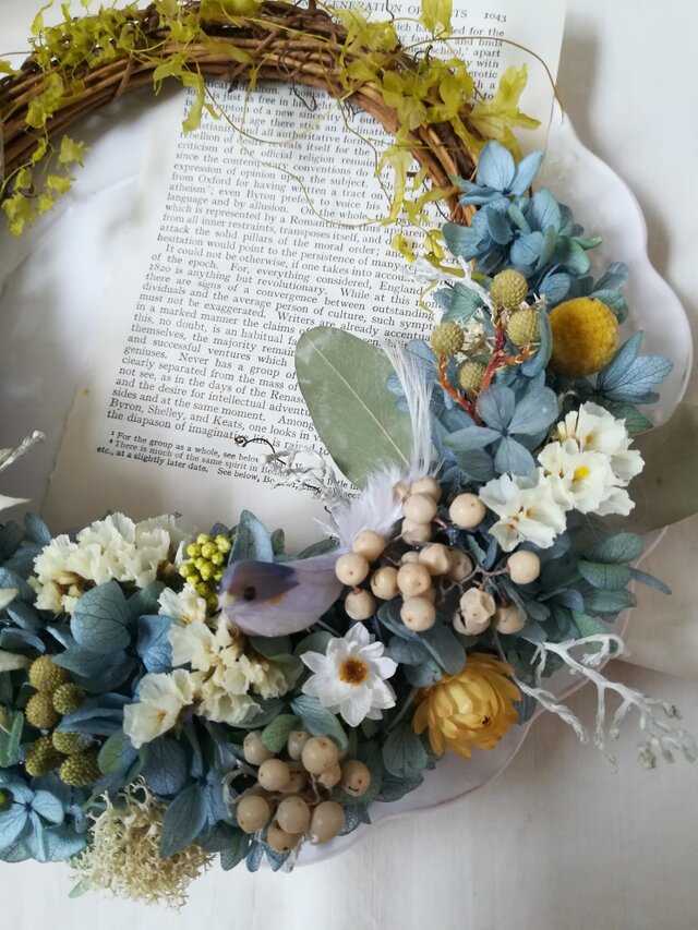 青い小鳥とブルーグリーンのwreath(リース プリザーブドフラワー