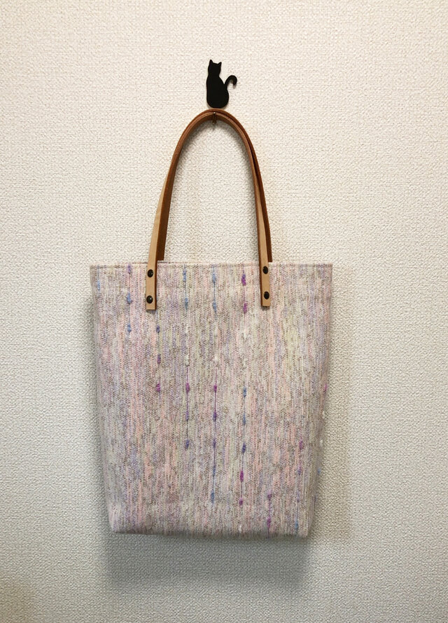 裂き織り　ファンシー縦長トート（ヌメ革持ち手）