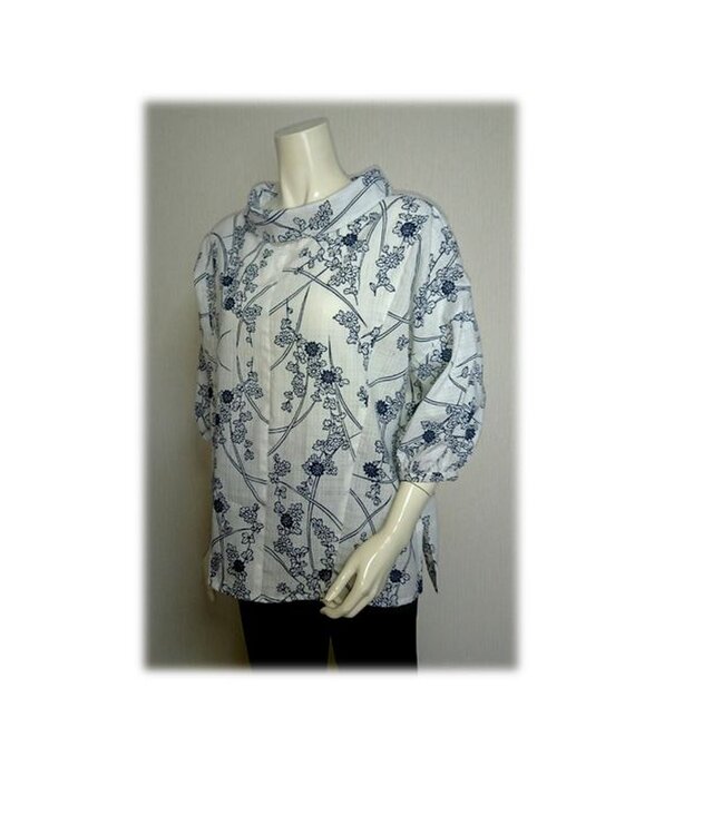 49　浴衣リメイク可愛いレトロ衿プルオーバーシャツ（白×紺）