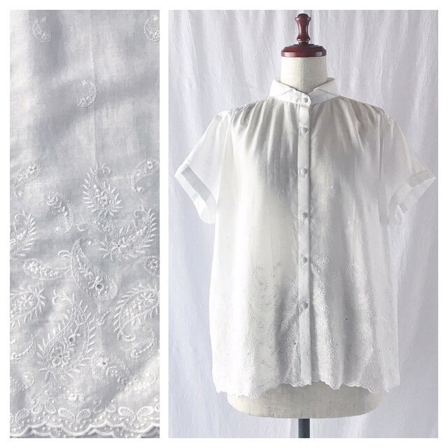 送料無料：すっきり見えるギャザーブラウス：半袖（リネンスカラップレース）