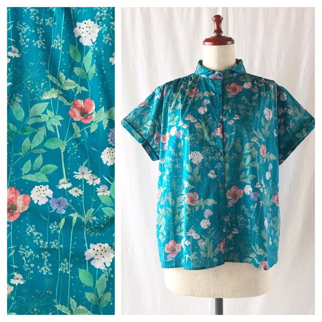 送料無料：すっきり見えるギャザーブラウス：半袖（ウォーターフラワー：ピーコック）