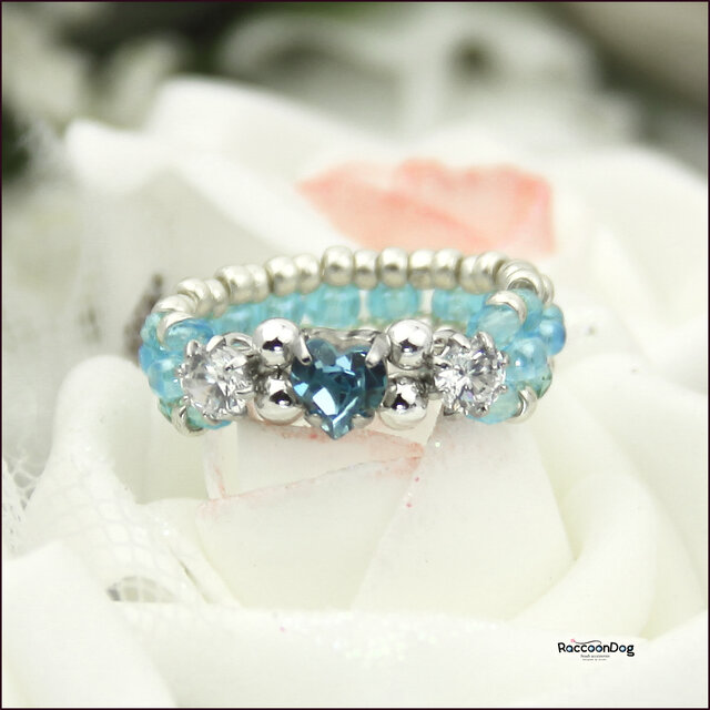 miniプチ♡のスワロフスキーアクアマリンリング（スワロフスキー/ジルコニア ビーズリング）《ビーズアクセサリー》