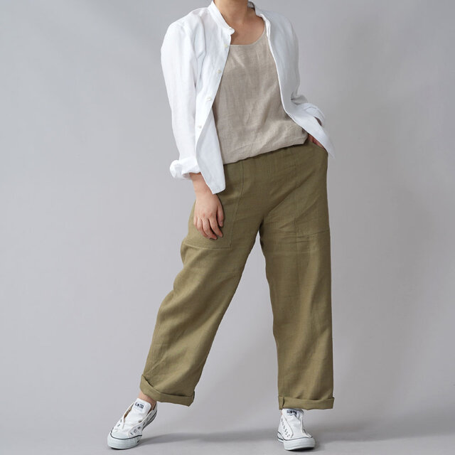 【wafu premium linen】丈短め 比翼仕立て スタンドカラーシャツ/ホワイト t030a-wht2の画像1枚目