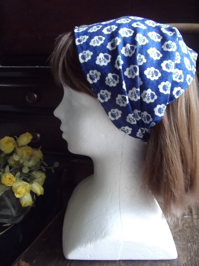 再販：ブルーのプロバンス風柄のワイドヘアバンド