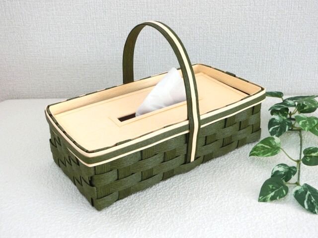 クラフトカゴ 箱テッシュケース収納 深緑色とベージュ色の画像1枚目