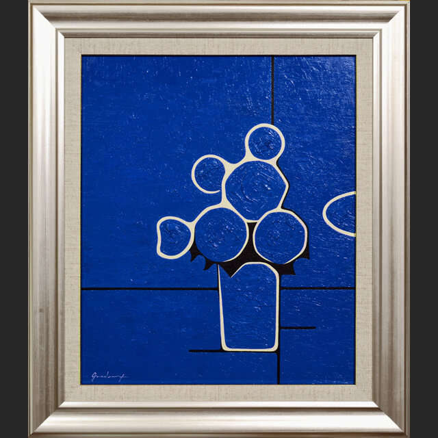 厚塗り油絵◆『青い花』◆がんどうあつし肉筆直筆油彩画絵画F8号シルバー新品額縁付