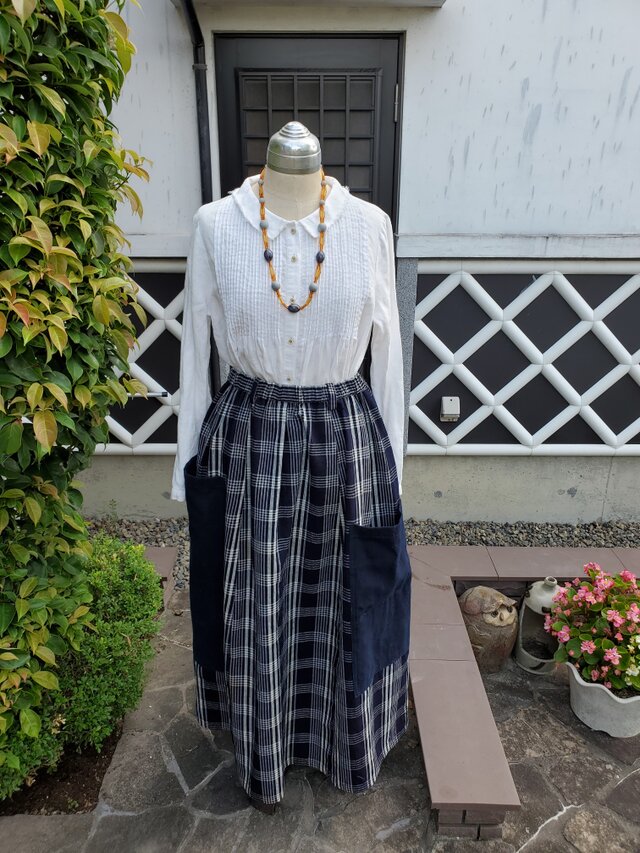 着物リメイク　手作り　縞に無地のポケット　スカート