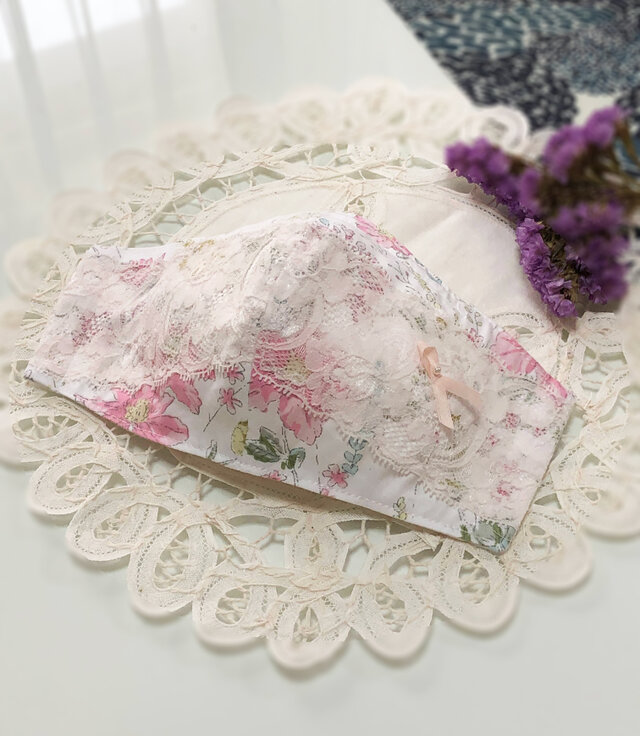 ♥♥小池さんマスクサイドダーツあり型紙使用♥ピンクの花柄・上品なレースマスク♥♥の画像1枚目