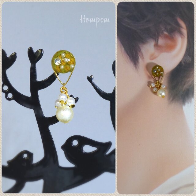 20p018 揺れるパールとミモザの雫ピアス ホムポム