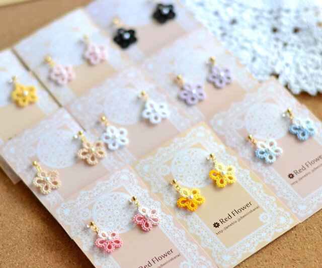 小花 樹脂イヤリング レース編み タティングレース シンプル 小ぶり 花 Iichi ハンドメイド クラフト作品 手仕事品の通販