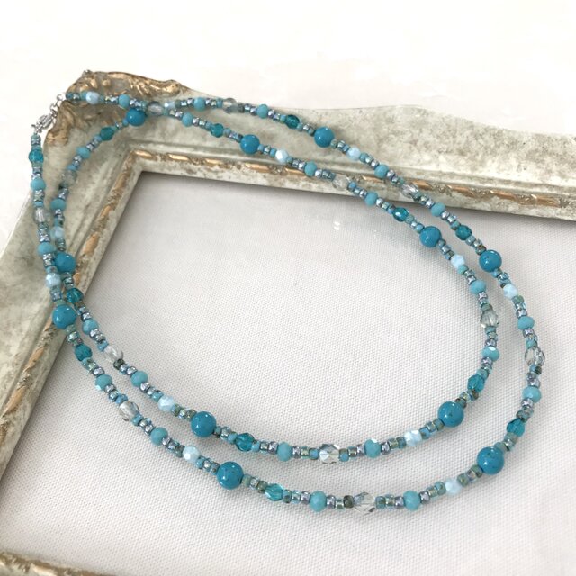 ターコイズ ブルー の 一連 ロングネックレス 青 水色 | iichi 日々の