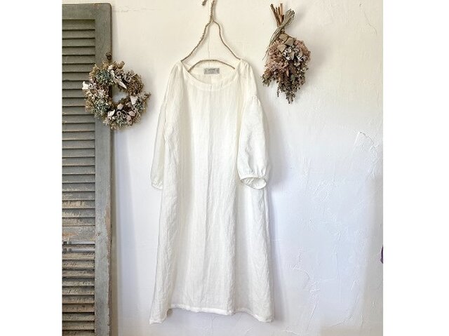 ふわり袖シンプルワンピース 白 ベルギーリネン Iichi ハンドメイド クラフト作品 手仕事品の通販
