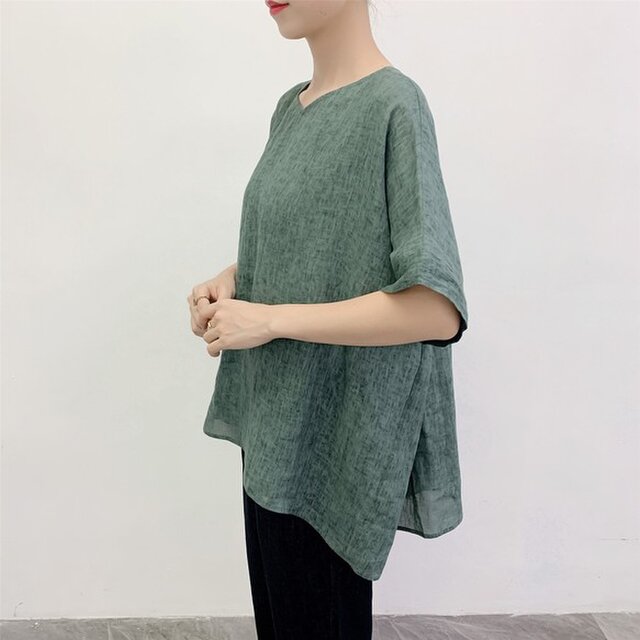 en-enリネン・ムラムラ染め背ギャザー身幅たっぷりプルオーバー・グリーン