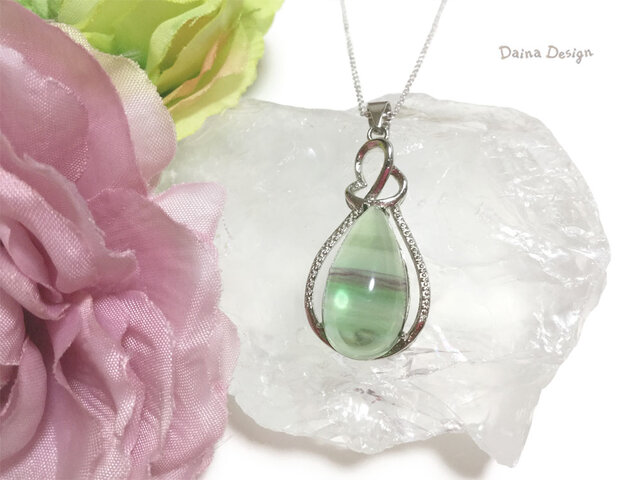 フローライト ネックレス ドロップ カボション クリア 緑 紫 縞 天然石
