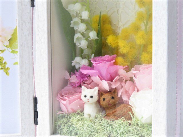 ねこちゃんが選べる ねこのフォトフレーム プリザーブドフラワー 猫 母の日 お誕生日 結婚祝い Iichi ハンドメイド クラフト作品 手仕事品の通販