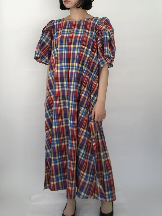 チェックボリュームスリーブマキシワンピース Iichi ハンドメイド クラフト作品 手仕事品の通販