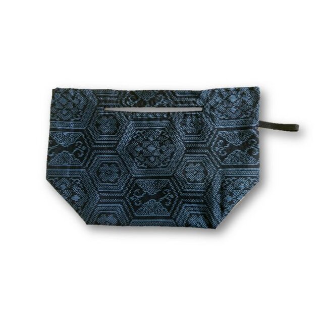 44＊大島紬リメイクお弁当エコバッグ(ブルー・亀甲柄）