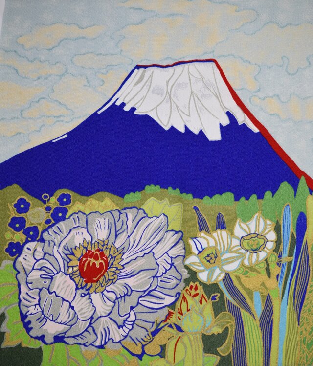 風呂敷 ふろしき 片岡球子 牡丹に富士山 ブルー 絹100％ 45cm×45cm 