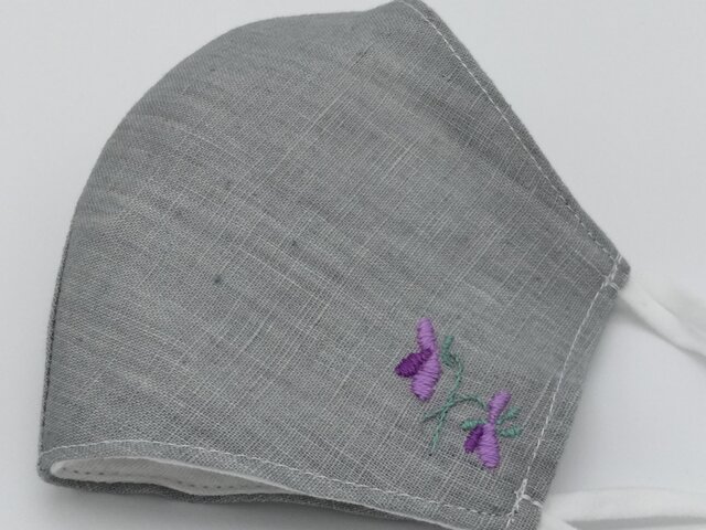 秋いろ刺繍❁グレー麻100%立体マスク(調節ゴム・ポケット付き)の画像1枚目