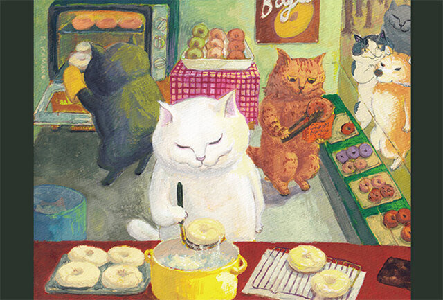 カマノレイコ オリジナル猫ポストカード「ベーグル屋さん」2枚セットの画像1枚目