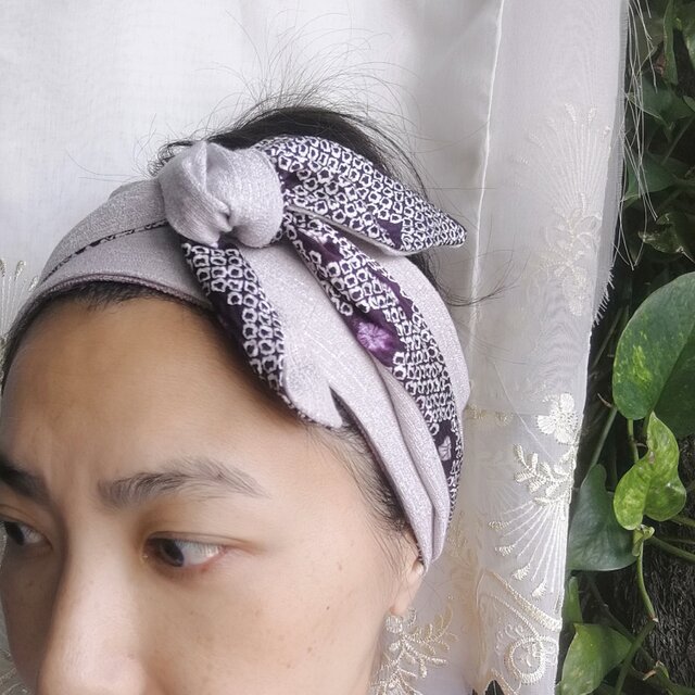 ヴィンテージきもの　ヘアアクセサリー　紫の水彩画　６way☆まきまきターバン　