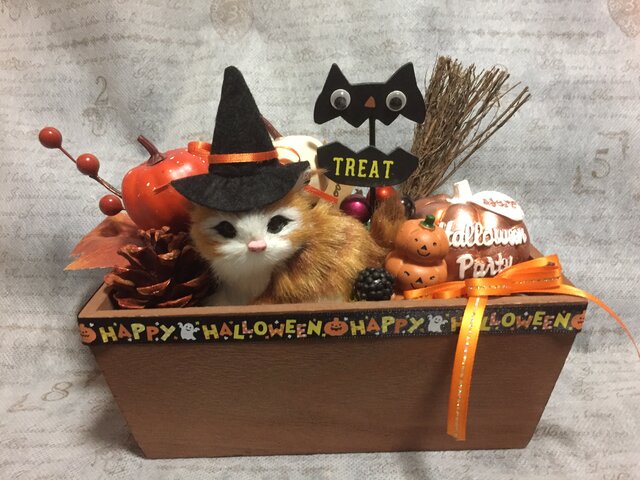 2020猫ちゃんのハロウィンアレンジ ウッドボックス L オレンジ系の画像1枚目