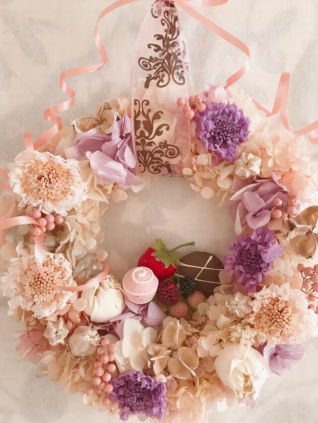 アンティーク調♡ピンクガーベラ×薔薇のリース♡秋リース♡フラワー ...