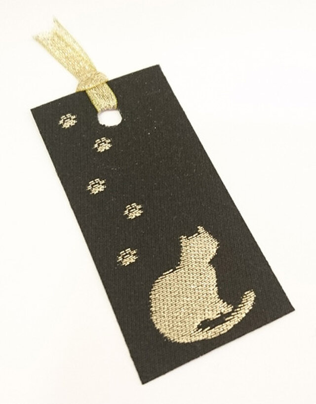 絹織物西陣織しおり ネコと足跡 黒地に金 Iichi ハンドメイド クラフト作品 手仕事品の通販